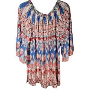 Ali Miles Off Shoulder Ikat Boho 3/4 Bell Sleeve Multicolor Blouse Size L